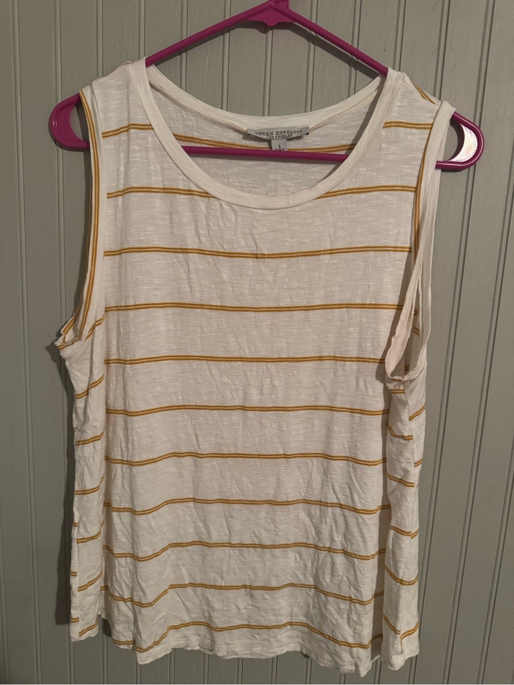 Green Envelope Sleeveless White Tank with Mustard Stripe - Large